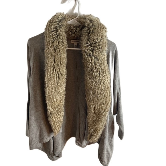 Calvin Klein Faux Fur Collar Open Front Cardigan Sweater Small Gray Tan - Picture 1 of 7